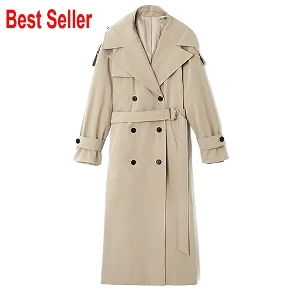 Oversized Long Trench Coat Double Breasted Lapel Windproof Overcoat with Belt - Picture 4 of 7